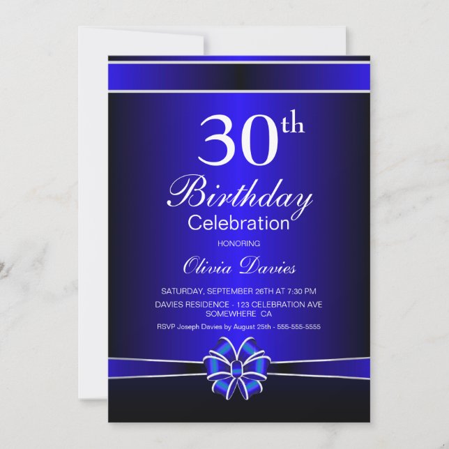 Invitación Celebración de cumpleaños 30 de negro y azul (Anverso)