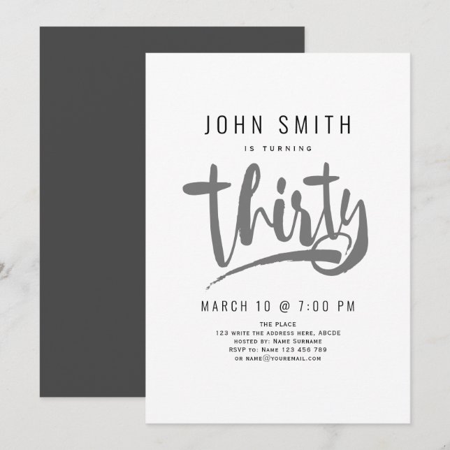 Invitación Celebración de cumpleaños 30, moderna, masculina (Anverso / Reverso)