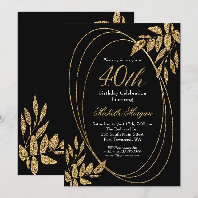 Invitación Celebración de cumpleaños 40 de Gold Black Purpuri (Anverso / Reverso)