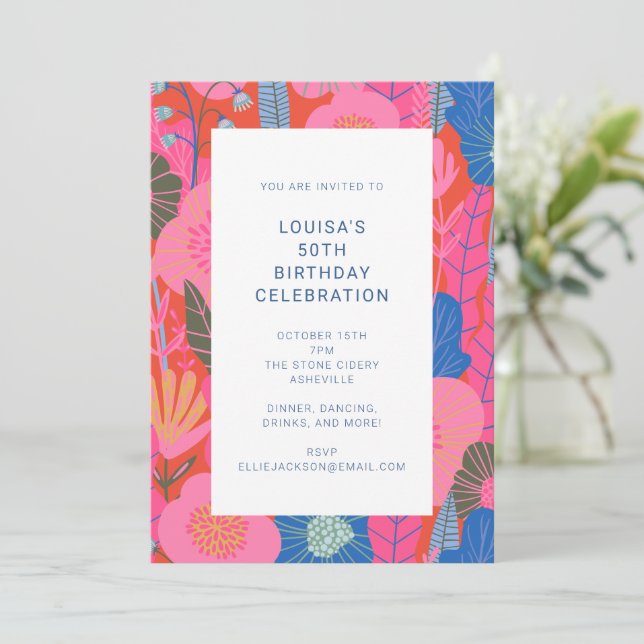 Invitación Celebración de Cumpleaños 50 con Flores Coloridas (Anverso de pie)