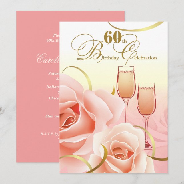 Invitación Celebración de cumpleaños 60. Rosas Rosa (Anverso / Reverso)