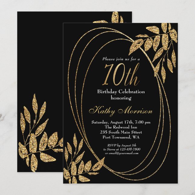 Invitación Celebración de cumpleaños 70 de Gold Black Purpuri (Anverso / Reverso)