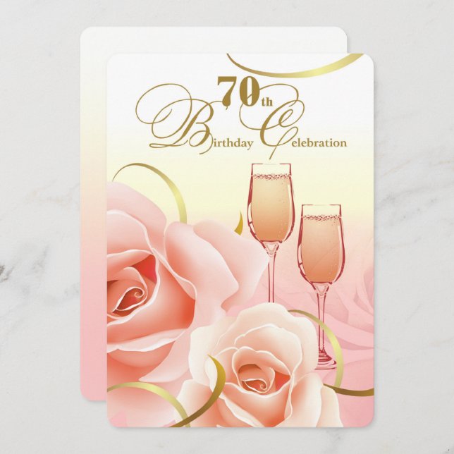 Invitación Celebración de cumpleaños 70. Rosas Rosa (Anverso / Reverso)