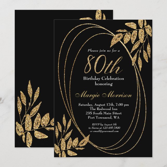 Invitación Celebración de cumpleaños 80 de Gold Black Purpuri (Anverso / Reverso)