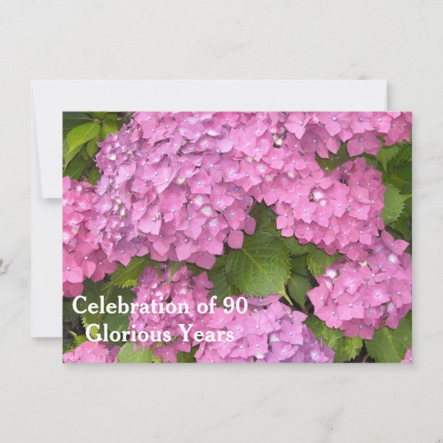 Invitación Celebración de cumpleaños 90 con Hortensias Rosada (Anverso)