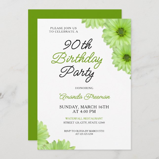 Invitación Celebración de cumpleaños 90 de la floral verde de (Anverso / Reverso)