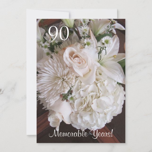 Invitación Celebración de cumpleaños 90/Elegante Floral Blanc (Anverso)