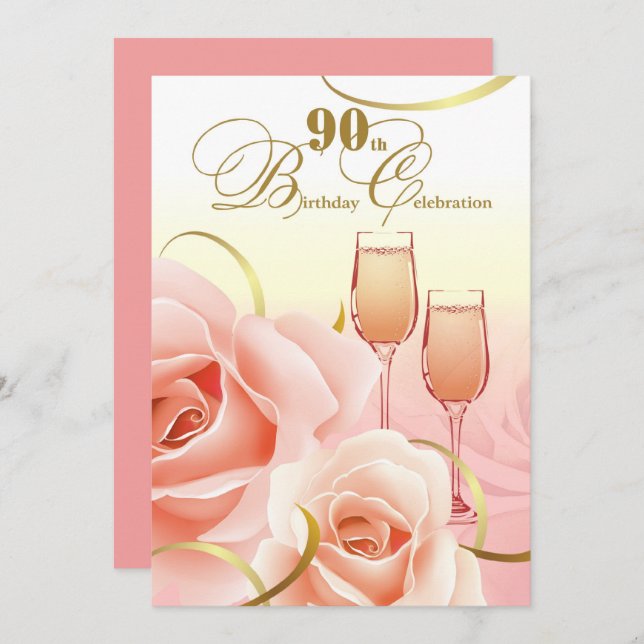 Invitación Celebración de cumpleaños 90. Rosas Rosa (Anverso / Reverso)