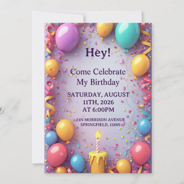 Invitación Celebración de Cumpleaños con Globos (Anverso)