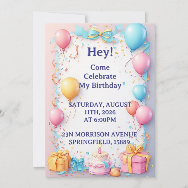 Invitación Celebración de cumpleaños con globos (Anverso)
