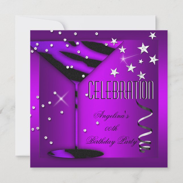 Invitación Celebración de cumpleaños con vidrio cebra morado (Anverso)