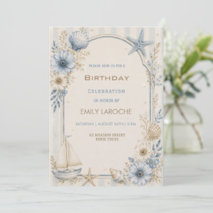 Invitación Celebración de Cumpleaños Costero Azul Elegante