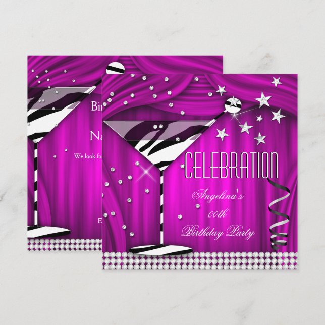 Invitación Celebración de cumpleaños de cebra morado rosa (Anverso / Reverso)