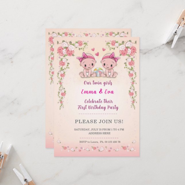 Invitación Celebración de cumpleaños de gemelas (Anverso/Reverso In Situ)