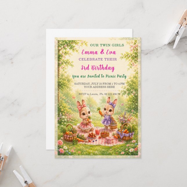Invitación Celebración de cumpleaños de gemelas (Anverso/Reverso In Situ)