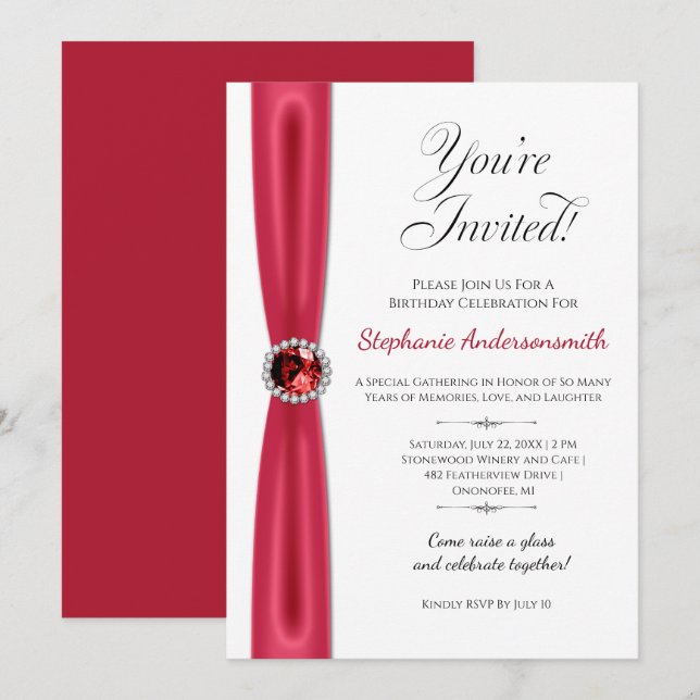 Invitación Celebración de cumpleaños de julio - Rubí rojo | (Anverso / Reverso)