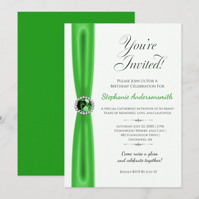 Invitación Celebración de Cumpleaños de Mayo - Esmeralda Verd (Anverso / Reverso)