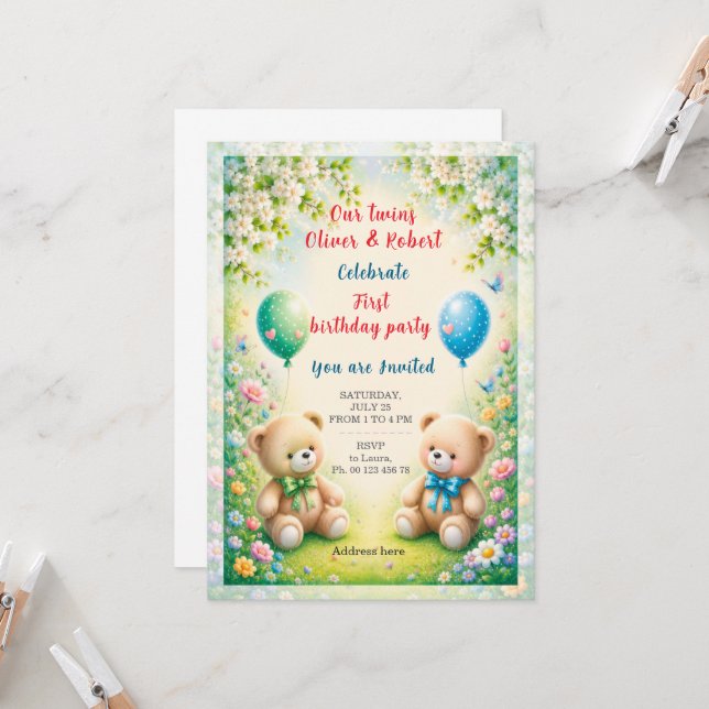 Invitación Celebración de cumpleaños de niños gemelos (Anverso/Reverso In Situ)