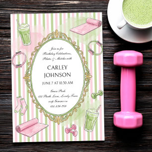 Invitación Celebración de cumpleaños de Pilates rosa y Matcha