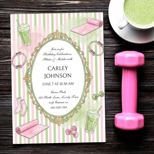 Invitación Celebración de cumpleaños de Pilates rosa y Matcha (Pilates and Matcha invitation with preppy pink and green stripes and hand-drawn style illustrations)