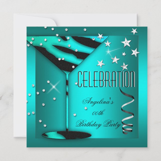 Invitación Celebración de cumpleaños de vidrio azul cian de c (Anverso)