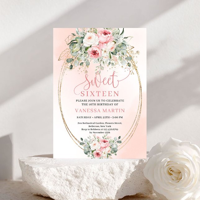 Invitación Celebración de Cumpleaños Dieciséis Elegante con F (Elegant Blush Floral Sweet Sixteen Celebration Invite)