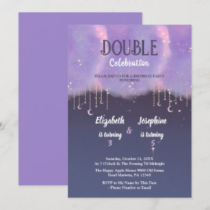 Invitación Celebración de cumpleaños doble junta púrpura para