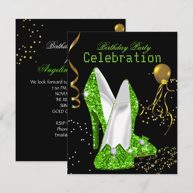 Invitación Celebración de Cumpleaños Dorado Verde Lima Brilla (Anverso / Reverso)