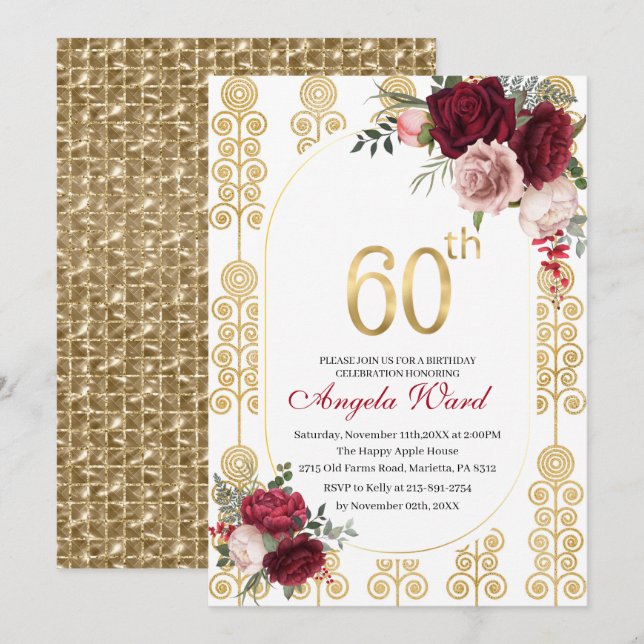 Invitación Celebración de cumpleaños elegante  brillo floral  (Anverso / Reverso)