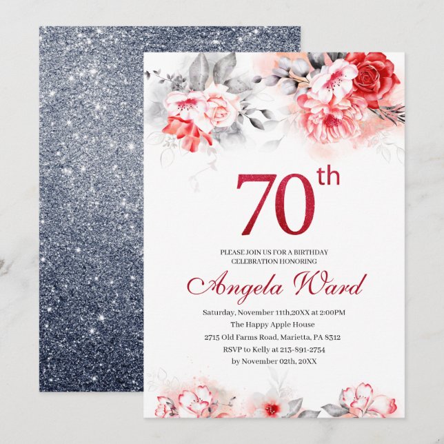Invitación Celebración de cumpleaños elegante  brillo floral  (Anverso / Reverso)