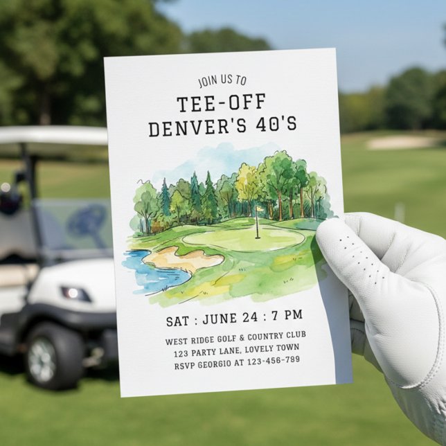 Invitación Celebración de Cumpleaños en el Tee de Salida Verd (Golf Club invite. Easy to edit and tee-off any golf themed celebration.)
