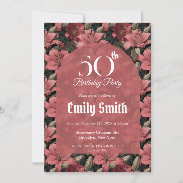 Invitación Celebración de Cumpleaños Estético de Lirios Lindo (Anverso)