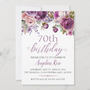 Invitación Celebración de cumpleaños floral púrpura 70 cumple
