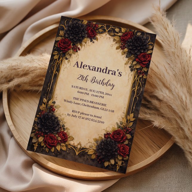 Invitación Celebración de Cumpleaños Floral Rojo Gótico Oscur (Subido por el creador)