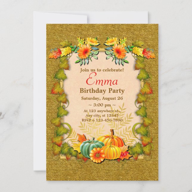 Invitación Celebración de Cumpleaños Hojas de Otoño Lindas Mo (Anverso)