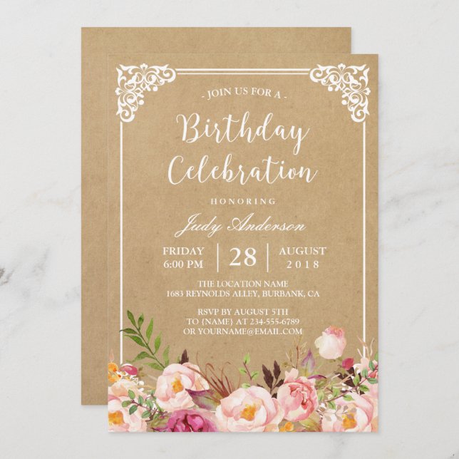 Invitación Celebración de cumpleaños | Kraft de marco floral  (Anverso / Reverso)