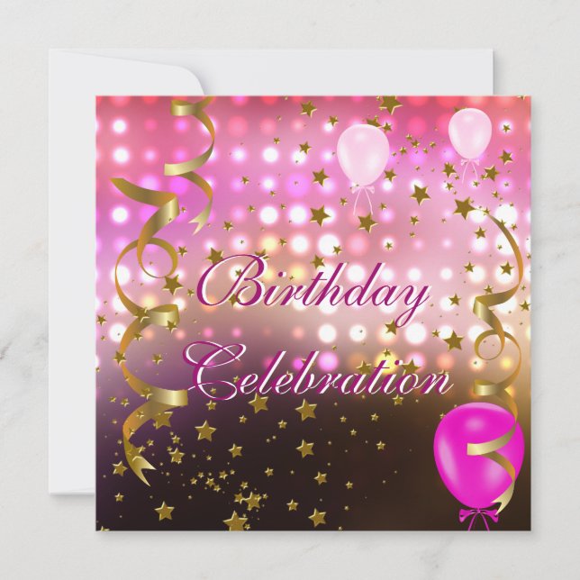 Invitación Celebración de Cumpleaños Luces Rosadas Estrellas  (Anverso)