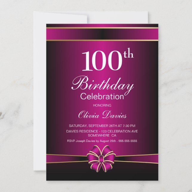 Invitación Celebración de cumpleaños número 100 rosado (Anverso)