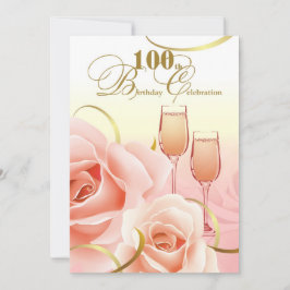 Invitación Celebración de cumpleaños número 100. Rosas Rosa