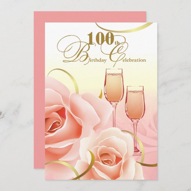 Invitación Celebración de cumpleaños número 100. Rosas Rosa (Anverso / Reverso)
