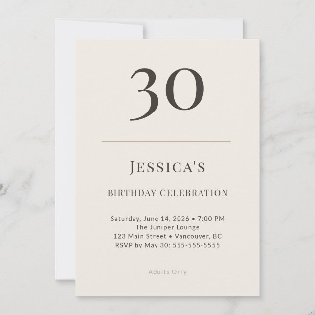 Invitación Celebración de cumpleaños número 30 con tonos mode (Anverso)