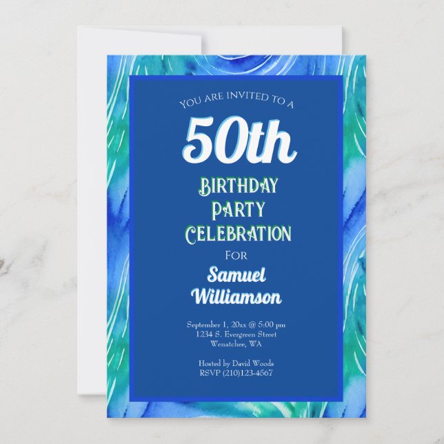 Invitación Celebración de cumpleaños número 50 azul y verde (Anverso)