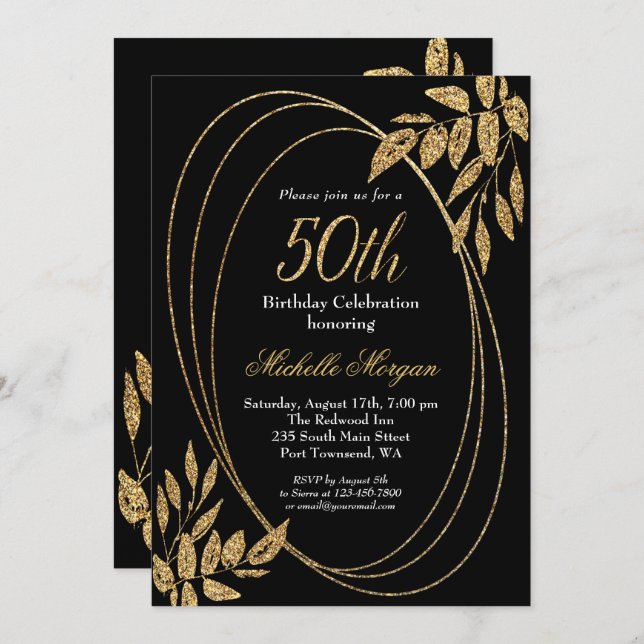 Invitación Celebración de cumpleaños número 50 de Gold Black  (Anverso / Reverso)