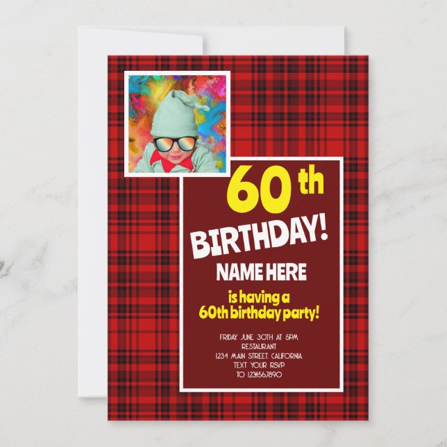 Invitación Celebración de cumpleaños número 60 a cuadros rojo (Anverso)