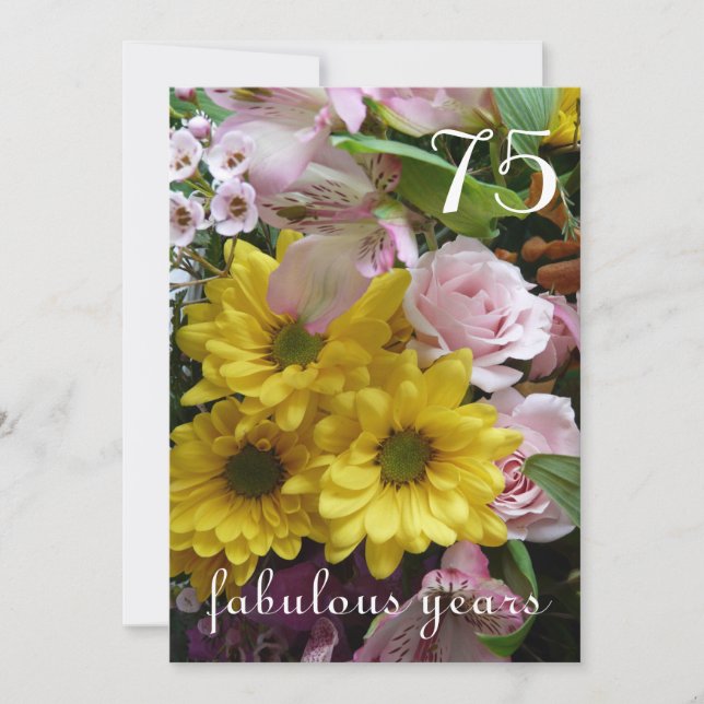 Invitación ¡Celebración de cumpleaños número 75!-Flores rosas (Anverso)