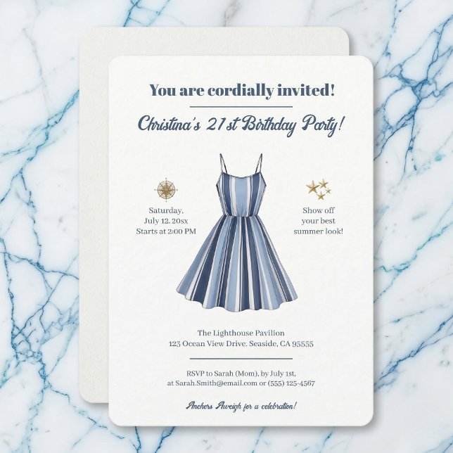 Invitación Celebración de Cumpleaños Rayas de la Costa (Classic maritime charm for your birthday event.)