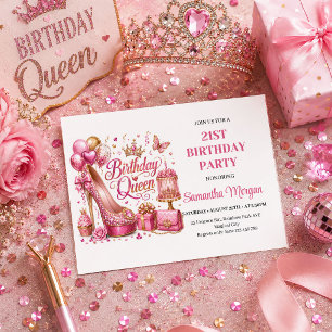 Invitación Celebración de Cumpleaños Reina Brillo Rosa Dorado