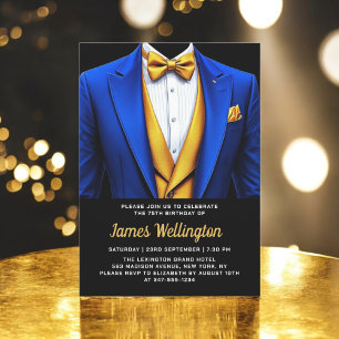 Invitación Celebración de cumpleaños Royal Blue y Gold Tuxedo