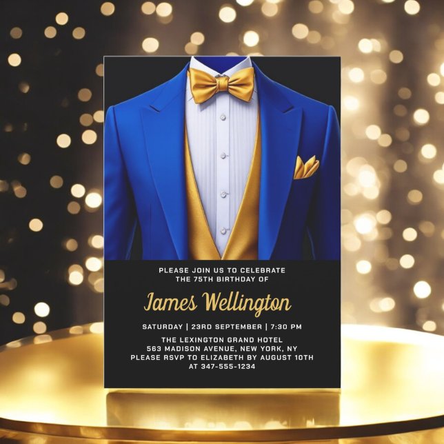 Invitación Celebración de cumpleaños Royal Blue y Gold Tuxedo (Subido por el creador)