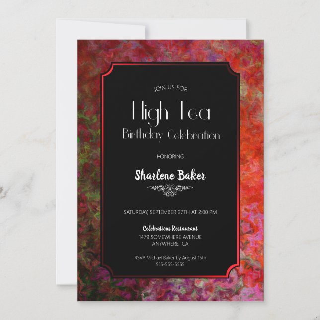 Invitación Celebración de cumpleaños Té alto rojo y negro (Anverso)